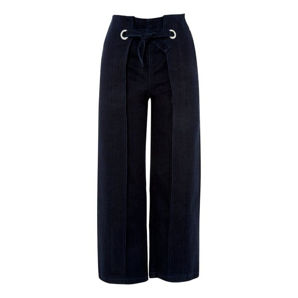 🆕TOPSHOP High Waist Tie Wide Leg Crop Jeans Dark Blue Size 28 - Picture 4 of 7